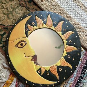 Vintage 90s Sun and Moon Wall Mirror - Black and Yellow 11.5"